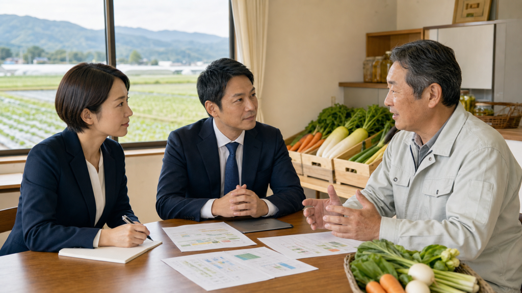 郡山周辺の農業法人で事業承継とM&Aの相談を行う経営者と専門担当者
