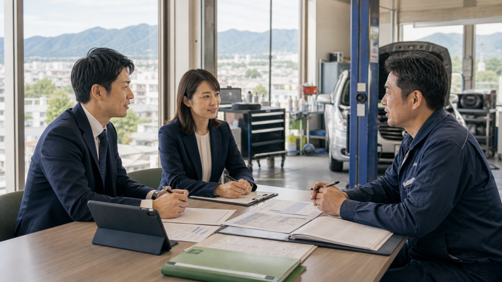 郡山・県中エリアの自動車整備業M&Aで認証工場や整備士体制を確認する相談風景