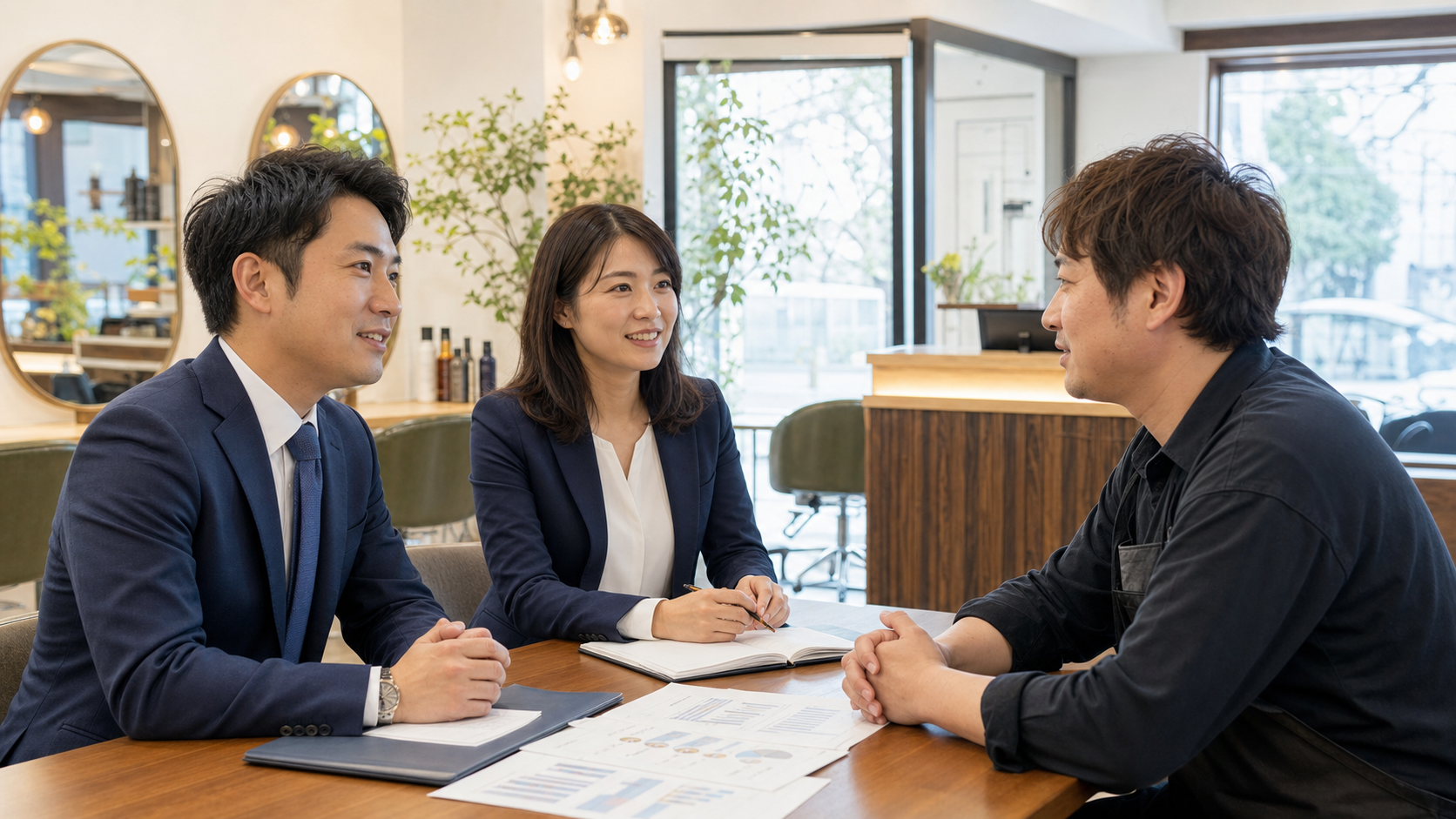 郡山の美容室で事業承継とM&Aの相談を行う経営者と専門担当者
