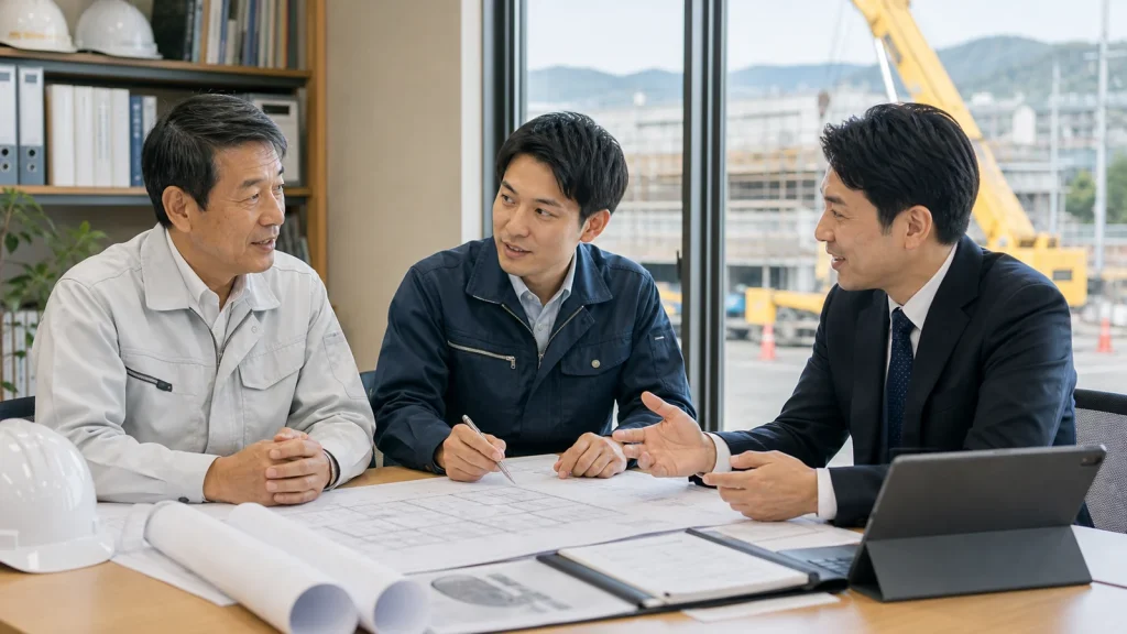 中通りの建設設備工事会社で資格者と経営者が引継ぎ計画を確認する風景