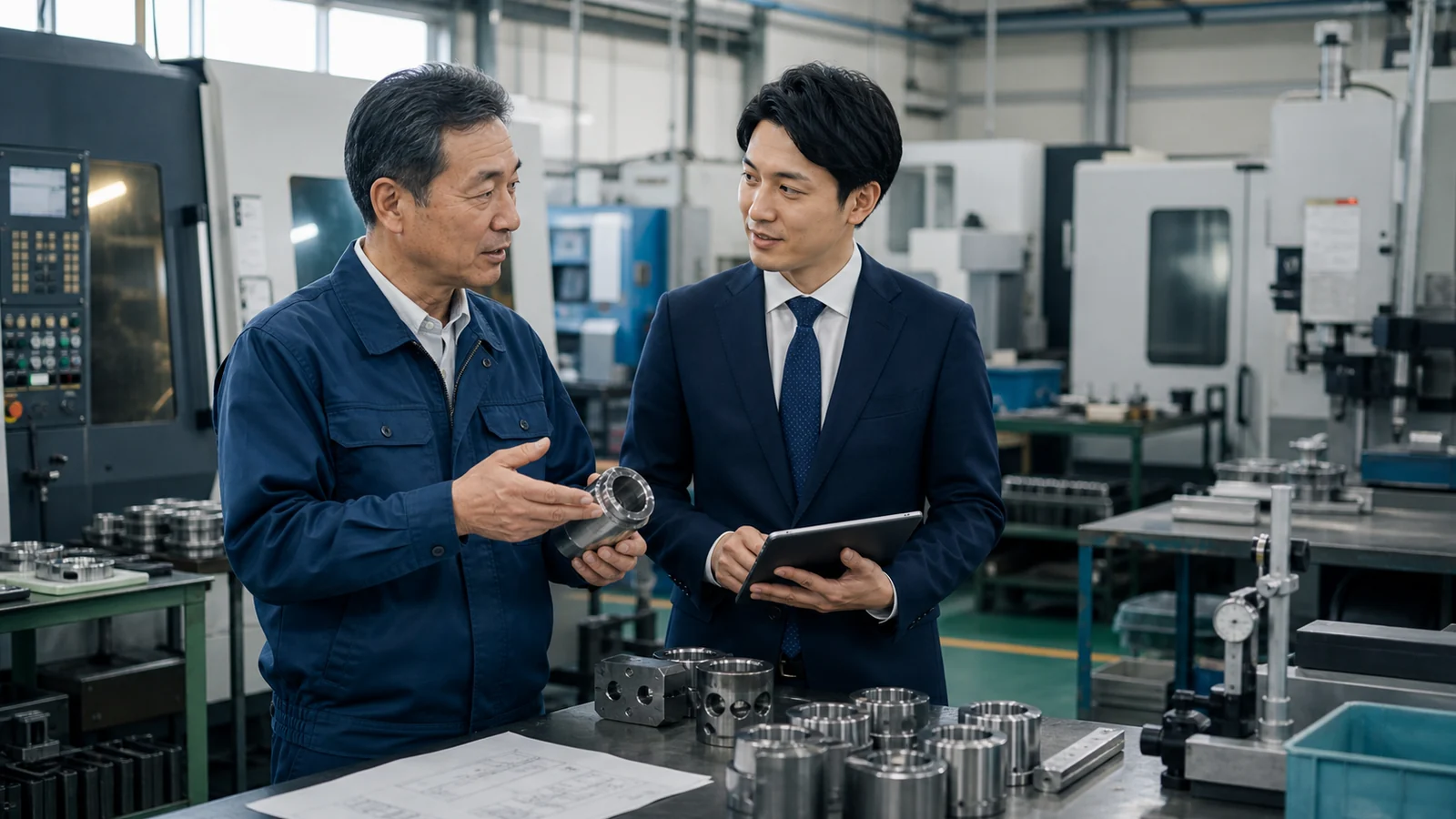 郡山周辺の部品加工会社で経営者と承継先候補が工場内を確認する風景