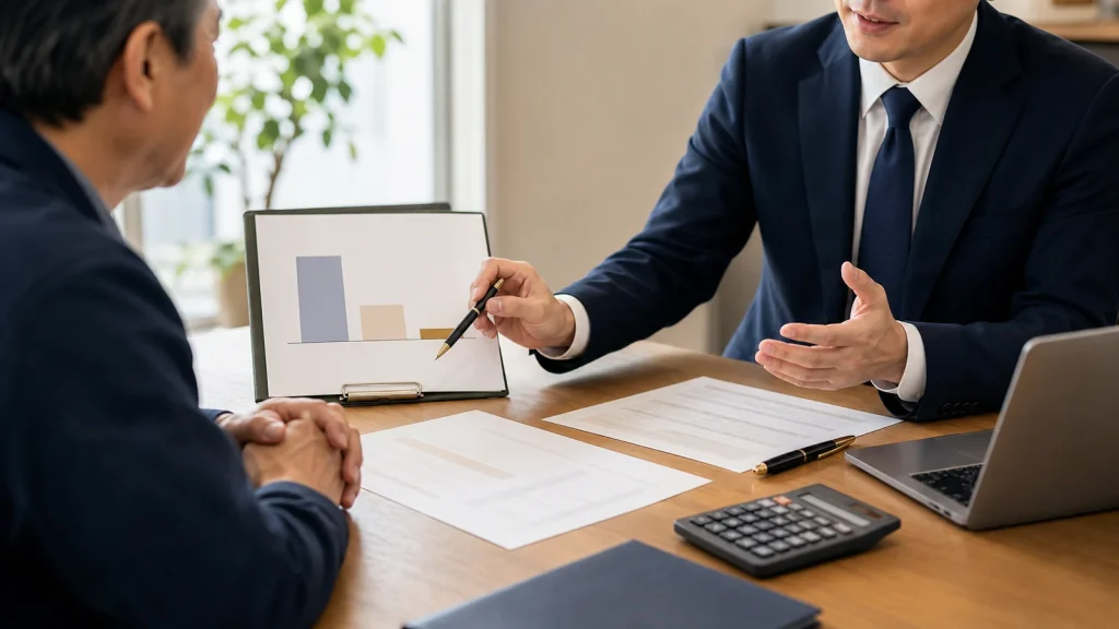 譲渡企業の手数料0円を説明するM&A相談の打ち合わせ風景