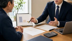 譲渡企業の手数料0円を説明するM&A相談の打ち合わせ風景