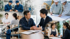 製造業、建設業、医療介護、物流など地域産業の事業承継を整理するイメージ