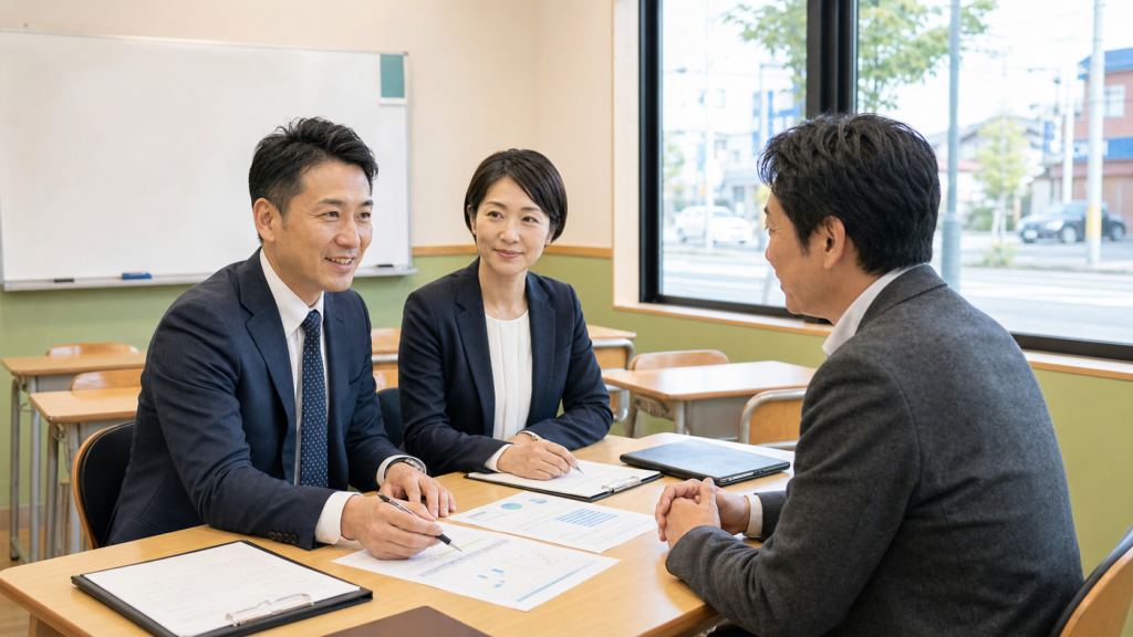 郡山の学習塾で事業承継とM&Aの相談を行う経営者と専門担当者