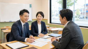 郡山の学習塾で事業承継とM&Aの相談を行う経営者と専門担当者