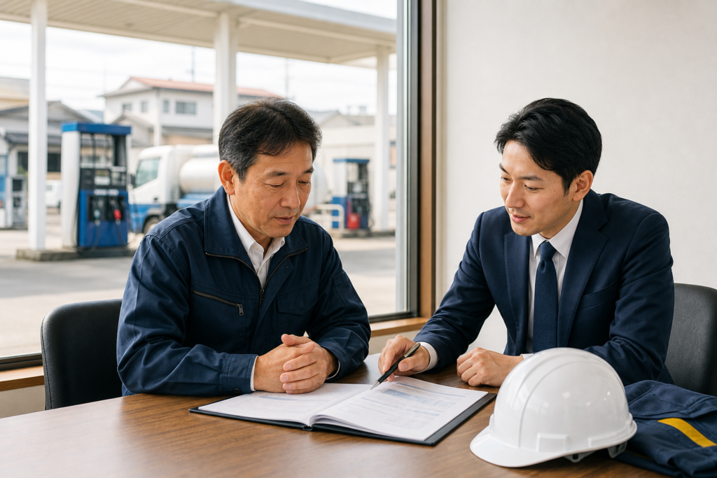 郡山のガソリンスタンドで事業承継とM&Aの相談を行う経営者と専門担当者