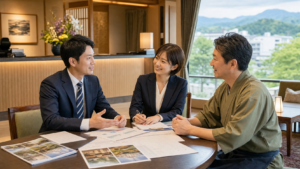郡山周辺の旅館ホテルで事業承継とM&Aの相談を行う経営者と専門担当者