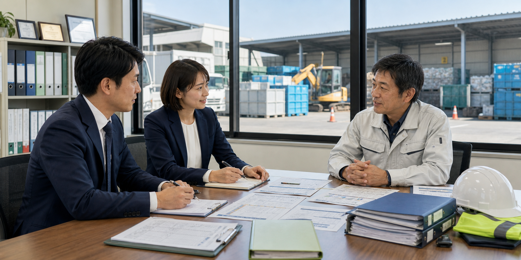郡山・県中の産業廃棄物処理・解体業M&Aで許可と車両を確認する承継相談の様子