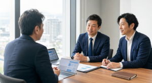 郡山のIT会社で事業承継とM&Aの相談を行う経営者と専門担当者