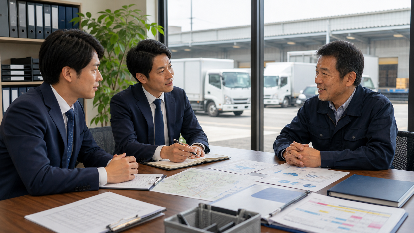 郡山・県中の運送業M&Aで車両と荷主契約を確認する承継相談の様子