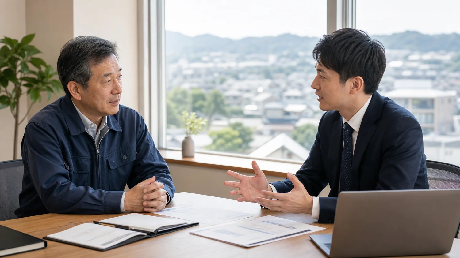 郡山周辺の会社売却について経営者とM&Aアドバイザーが相談する様子