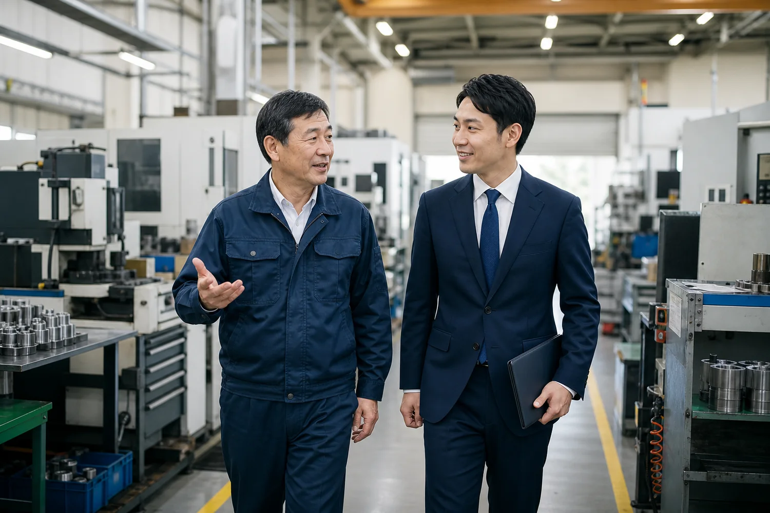 製造業の工場で経営者とM&Aアドバイザーが事業承継について話す様子