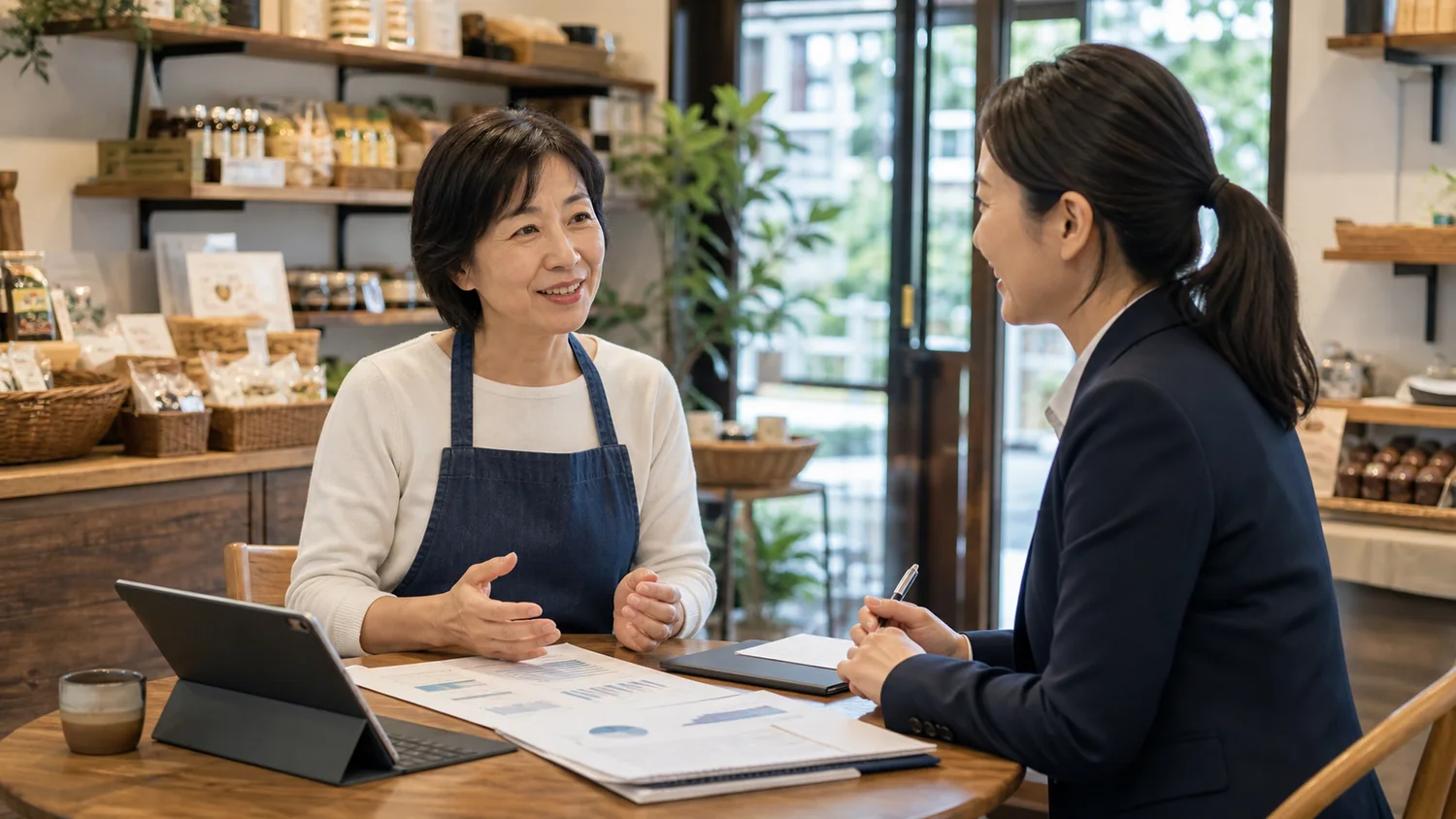 地域の店舗経営者が会社譲渡と事業承継について相談する様子