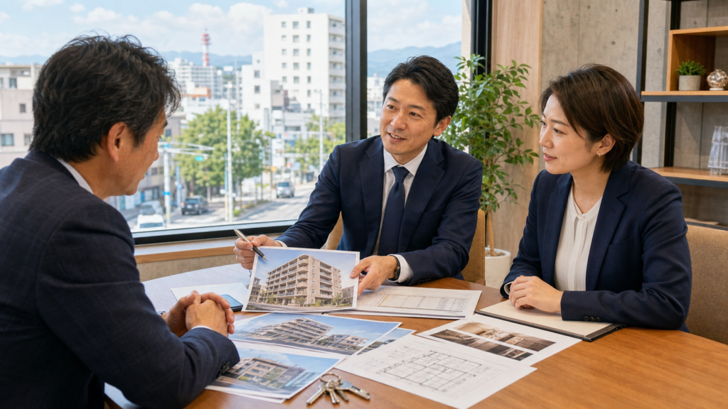 郡山の不動産管理会社で事業承継とM&Aの相談を行う経営者と専門担当者
