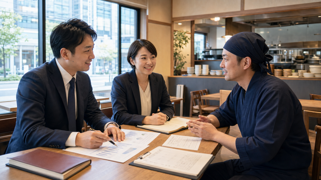 郡山の飲食店で事業承継とM&Aの相談を行う経営者と専門担当者