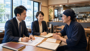 郡山の飲食店で事業承継とM&Aの相談を行う経営者と専門担当者