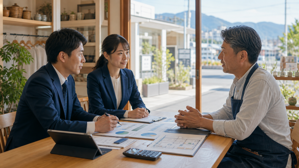 郡山・県中エリアの小売店・店舗サービスM&Aで固定客や賃貸借契約を確認する相談風景