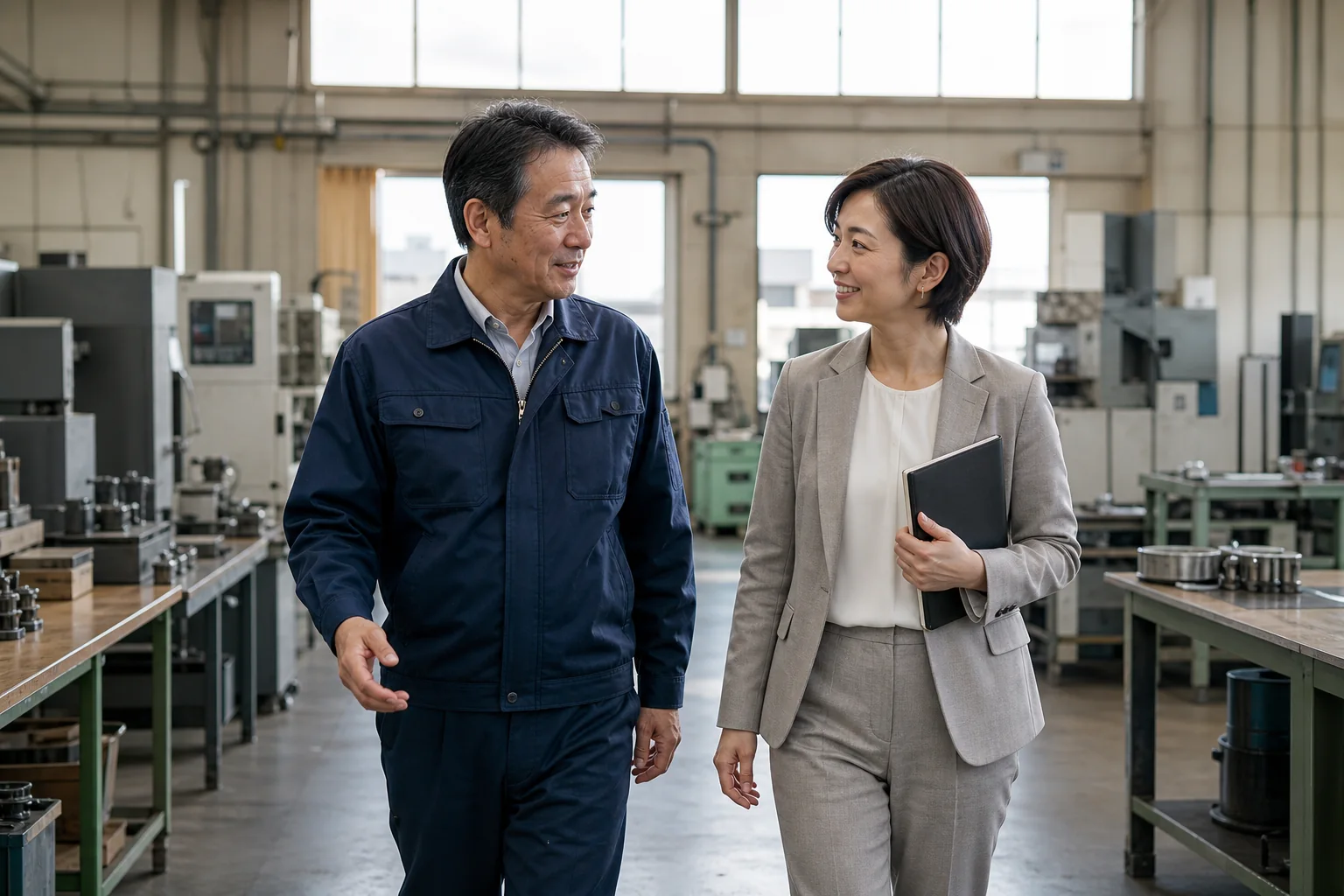 郡山周辺の製造業の現場で事業承継を話し合う工場経営者とM&Aアドバイザー