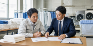 郡山のクリーニング工場で事業承継とM&Aの相談を行う経営者と専門担当者