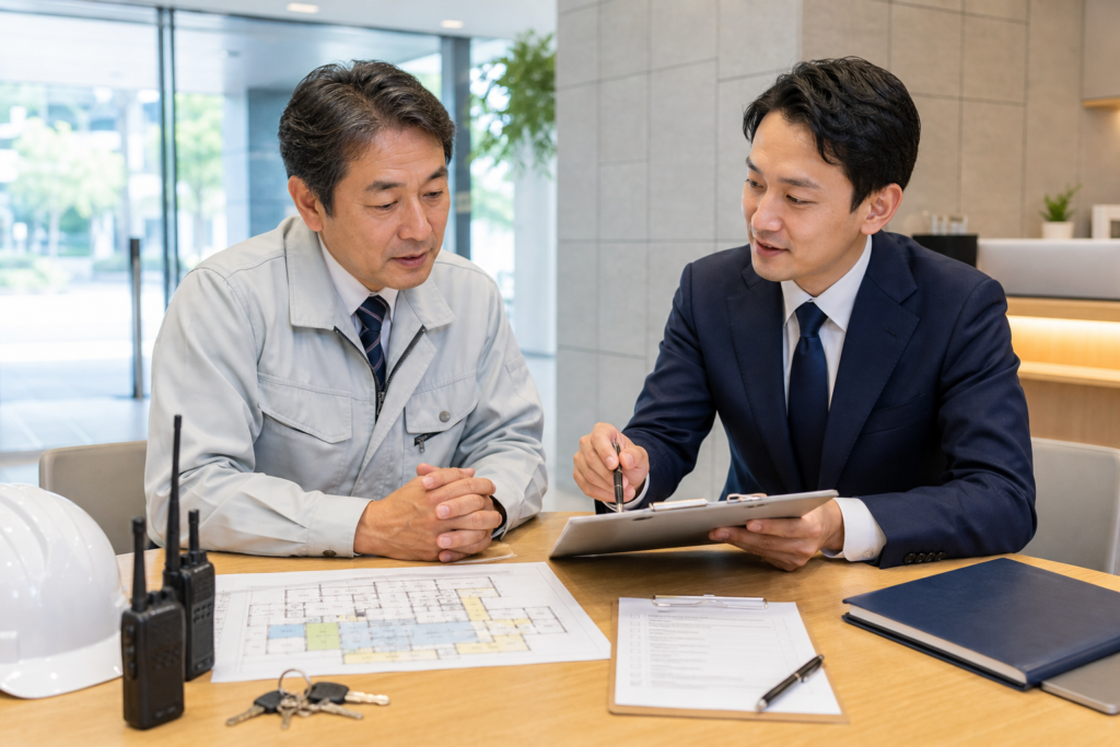 郡山の警備業とビルメンテナンス会社で事業承継とM&Aの相談を行う経営者と専門担当者