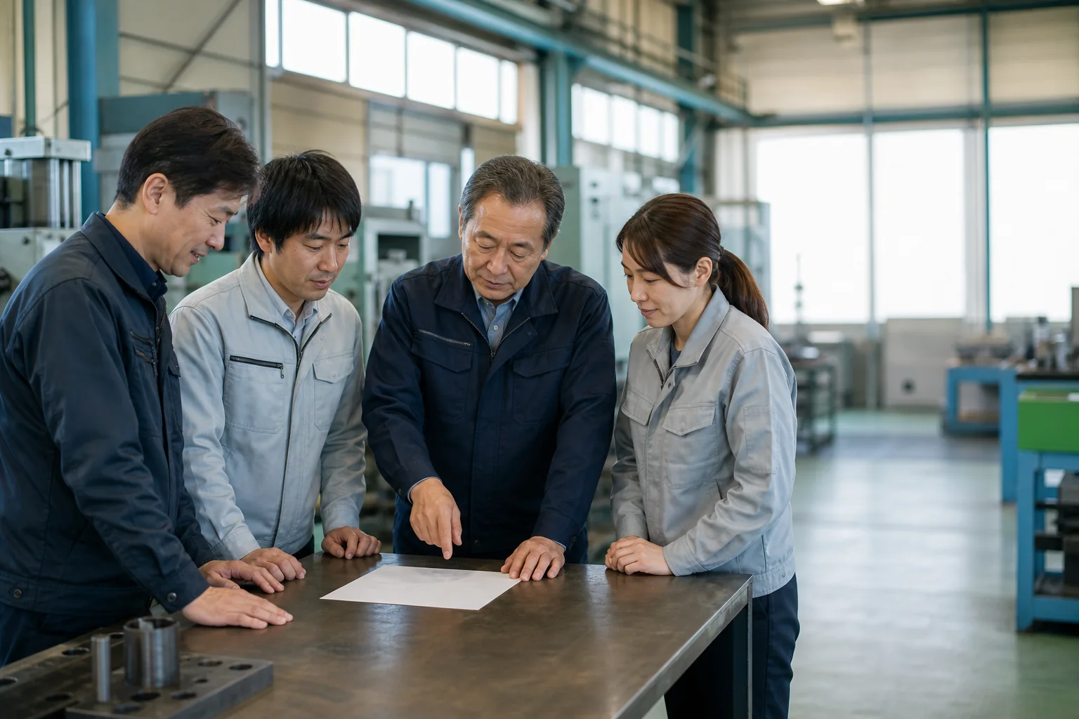 地域の製造現場で事業承継について話し合う経営者と従業員